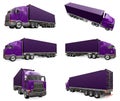 Set large retro purple truck with a sleeping part and an aerodynamic extension carries a trailer with a sea container Royalty Free Stock Photo