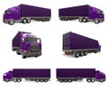 Set large retro purple truck with a sleeping part and an aerodynamic extension carries a trailer with a sea container Royalty Free Stock Photo