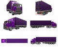 Set large retro purple truck with a sleeping part and an aerodynamic extension carries a trailer with a sea container Royalty Free Stock Photo