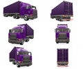 Set large retro purple truck with a sleeping part and an aerodynamic extension carries a trailer with a sea container Royalty Free Stock Photo