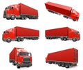 Set large retro red truck with a sleeping part and an aerodynamic extension carries a trailer with a sea container. 3d Royalty Free Stock Photo