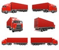 Set large retro red truck with a sleeping part and an aerodynamic extension carries a trailer with a sea container. 3d Royalty Free Stock Photo