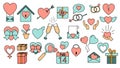 A set of large simple flat-style icons of beautiful hearts, gifts, envelopes, love items for the feast of love Valentine`s Day Royalty Free Stock Photo