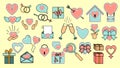 A set of large simple flat-style icons of beautiful hearts, gifts, envelopes, love items for the feast of love Valentine`s Day Royalty Free Stock Photo