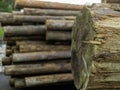 set of large wooden trunks stacked in an unorganized manner