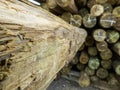 set of large wooden trunks stacked in an unorganized manner