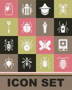 Set Larva insect, Book about, Beetle bug, Beekeeper hat, Mite, Fly swatter, Spider jar and icon. Vector