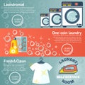 Set of Laundry banners with laundromat, detergents, iron and clothes. Vector