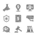 Set Law book, Judge gavel, Office folders, Security camera, Scales of justice, Police badge, and Bribe money bag icon