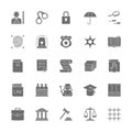 Set of Law and Justice Grey Icons. Criminal, Handcuffs, Libra, Police and more.