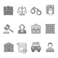 Set of law and justice icons. Black and White outlined icon collection. Judicial system concept. Royalty Free Stock Photo