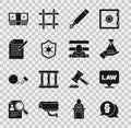 Set Law, Location law, Bribe money bag, Fountain pen nib, Police badge, Document and, cash and Prisoner icon. Vector