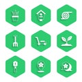 Set Lawn mower, Location with flower, Flower, Sprout, Shovel, Garden rake, hose and Plant in pot icon. Vector Royalty Free Stock Photo