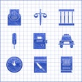 Set Lawsuit paper, Evidence bag and knife, book, Police car flasher, Clock, Feather pen, Prison window and Subpoena icon