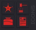 Set Lawsuit paper, Hexagram sheriff, Judge gavel and Inkwell icon. Vector