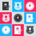 Set Lawsuit paper, Police badge and Clock icon. Vector