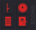 Set Lawsuit paper, Police rubber baton, Clock and Decree, paper, parchment, scroll icon. Vector