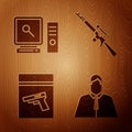 Set Lawyer, attorney, jurist, Search on computer screen, Evidence bag and pistol or gun and Sniper rifle with scope on wooden Royalty Free Stock Photo