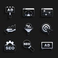 Set Lead management, SEO optimization, Advertising, Target, Pie chart infographic, Browser setting and icon. Vector Royalty Free Stock Photo