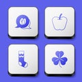Set Leaf, Apple, Socks and Clover icon. White square button. Vector Royalty Free Stock Photo
