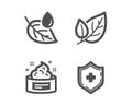 Leaf dew, Skin cream and Leaf icons. Medical shield sign. Water drop, Medical cosmetic, Ecology. Vector Royalty Free Stock Photo