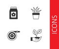 Set Leaf in hand, Pack full of seeds, Garden hose and Plant pot icon. Vector Royalty Free Stock Photo