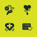 Set Leaf in hand, Thank you with heart, Heart cross and Blood donation icon. Vector