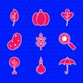 Set Leaf or leaves, Onion, Umbrella, Magnifying glass with leaf, Tree, Potato, and icon. Vector