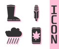 Set Leaf on mobile phone, Waterproof rubber boot, Cloud with rain and Corn icon. Vector