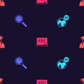 Set Learning foreign languages, Magnifying glass, Chalkboard and Graduate and graduation cap on seamless pattern. Vector Royalty Free Stock Photo