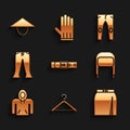 Set Leather belt, Hanger wardrobe, Skirt, Winter hat with ear flaps, Hoodie, Pants, and Asian conical icon. Vector