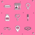 Set Leather fetish collar, Sex shop building, Female gender symbol, Bottle with pills for potency, and heart, Spanking