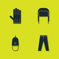 Set Leather glove, Pants, Police cap with cockade and Winter hat ear flaps icon. Vector