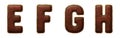 Set of leather letters E, F, G, H uppercase. 3D render font with skin texture isolated on white background.