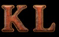 Set of leather letters K, L uppercase. 3D render font with skin texture isolated on black background.