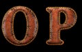 Set of leather letters O, P uppercase. 3D render font with skin texture isolated on black background.