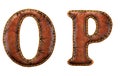 Set of leather letters O, P uppercase. 3D render font with skin texture isolated on white background.