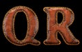 Set of leather letters Q, R uppercase. 3D render font with skin texture isolated on black background.