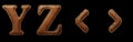 Set of leather letters Y, Z and symbol left, right angle bracket uppercase. 3D render font with skin texture isolated on