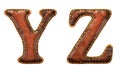 Set of leather letters Y, Z uppercase. 3D render font with skin texture isolated on white background.