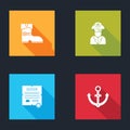 Set Leather pirate boots, Pirate captain, Decree, parchment, scroll and Anchor icon. Vector