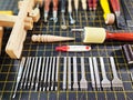 Leather treatment tool kit. Leather business. Close-up working tools. Leather sewing tools. Royalty Free Stock Photo
