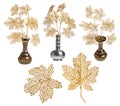 Set of leaves and plastic twigs in vases isolated