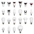 Set of LED bulbs lamps with different sockets isolated on white. Bulbs set.