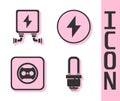 Set LED light bulb, Electric transformer, Electrical outlet and Lightning bolt icon. Vector Royalty Free Stock Photo