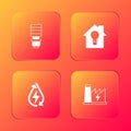 Set LED light bulb, Smart house and, Water energy and Nuclear power plant icon. Vector Royalty Free Stock Photo