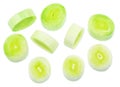 Set of leek slices isolated on white background. File contains clipping paths