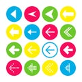 Set of 16 left arrow icons. Arrow buttons on white background in crimson, blue, yellow and transparent circles