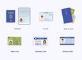 Set of Legal Documents. ID cards, passport, student pass, migration certificate, legal contract illustration