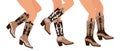 Set of legs in cowboy boots. Various cowgirl boots. Cowboy western theme, wild west, texas. Hand drawn color trendy illustration